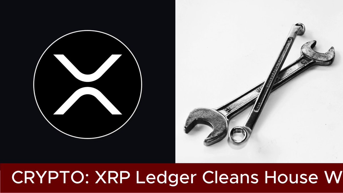 The image features a pair of wrenches, one black and one silver, placed next to each other with their handles facing upwards. The background of the image is white, providing a stark contrast that makes the wrenches stand out. In the top left corner of the image, there's a logo for Ripple Ledger software, which is a black circle containing an X within it. Below this logo, there are two lines of text: "XRP Ledger Cleans House" and "The 𝑠𝑡𝑖𝑛𝑟𝑒𝑎𝑚𝑜𝑙𝑘𝑦 𝑡𝑖𝑡𝑖𝑛𝑟𝑒𝑎𝑚𝑜𝑙" and "Focus on what is in the image and how it relates to the post".