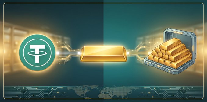 A digital graphic showing Tether (USDT) and gold bars connected by a glowing bar, suggesting a link between stablecoin and gold on a circuit board background.