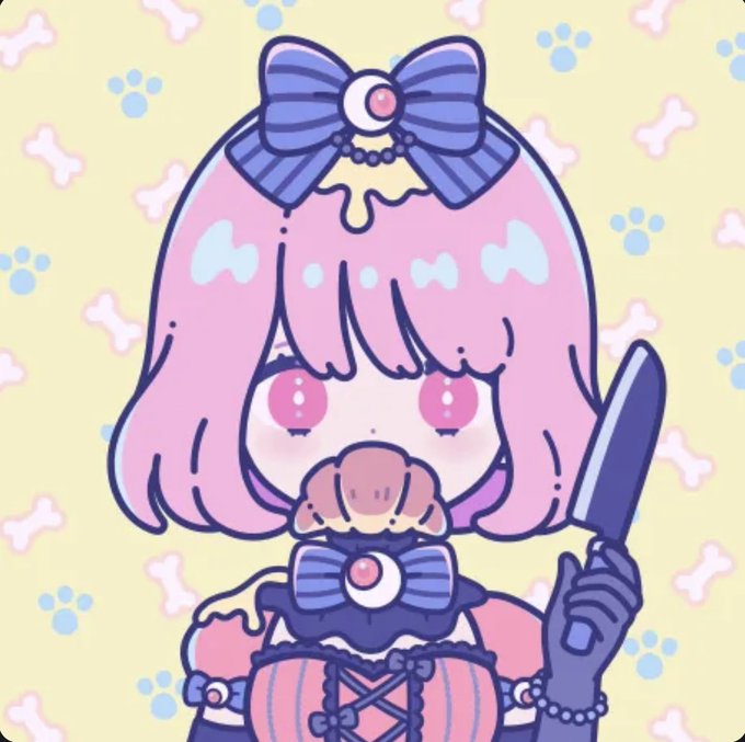 Cute anime-style illustration of a pink-haired character with a large blue bow featuring a crescent moon, holding what appears to be a blade, set against a pastel background with bones and paw prints.