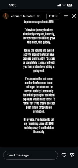 An Instagram story from user @edouard.le.batard announces his departure from the $BTRD token, citing a significant drop in trading volume and activity, while also stating he will sell his remaining share and step away from the token financially.