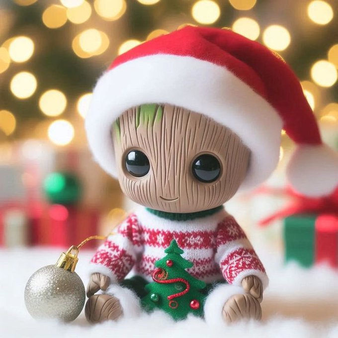 The image features a cute little baby tree figurine dressed up as Santa Claus wearing a red hat and holding a Christmas ornament, sitting on a snowy surface with a festive background of Christmas lights. The scene seems to be related to Bitcoin or cryptocurrency, as there is a post about it that talks about the stability of Bitcoin and how it can be used for everyday payment.