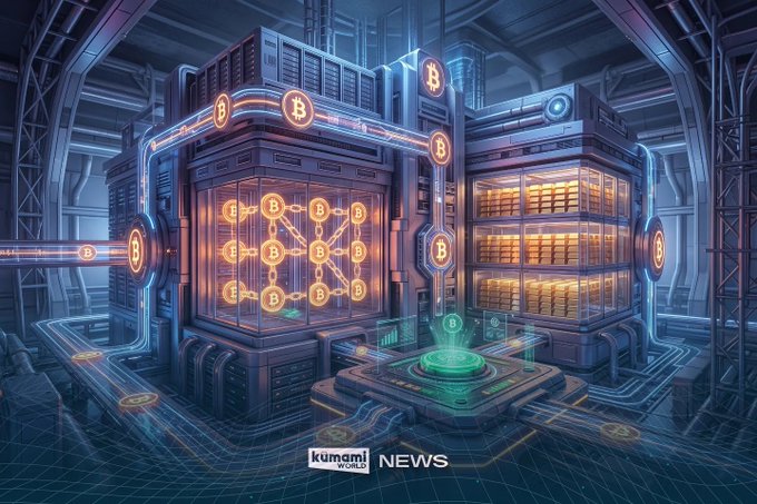 A digital artwork by kumami NEWS depicts a futuristic cryptocurrency mining facility with glowing Bitcoin symbols and interconnected data servers.
