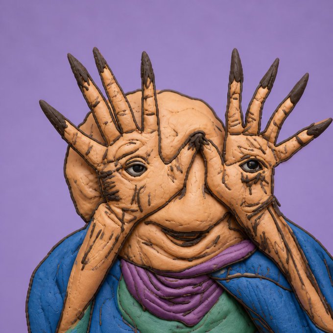 A 3D-rendered or clay-style sculpture of a creature with multiple finger-like appendages on its head, covering its eyes, against a solid purple background.