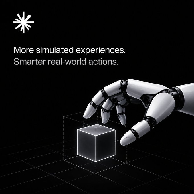 A sleek black promotional graphic featuring a white robotic hand reaching for a glowing wireframe cube, with the text 'More simulated experiences. Smarter real-world actions.' and a starburst logo in the corner.