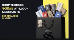 This image visually represents shopping through Solflare at 4,000+ merchants to get rewarded in USDC, showcasing a bag full of various branded items.