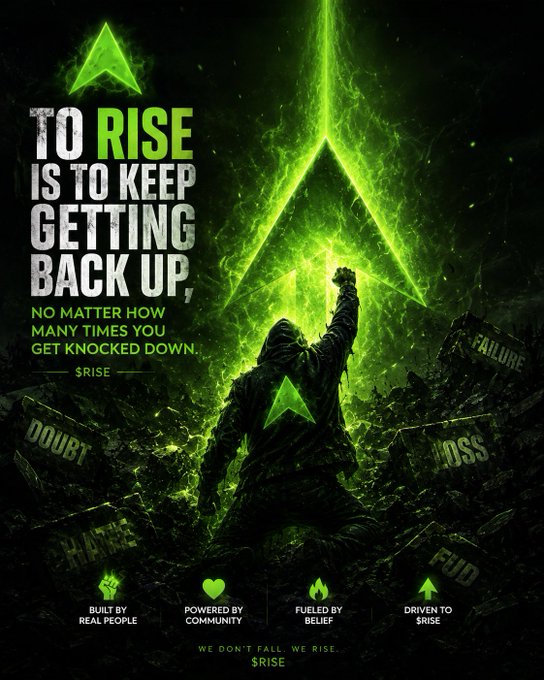 The image is a dark, green-glowing promotional poster for the token $RISE, featuring a hooded figure raising a fist against a large triangular symbol above rubble labeled "FAILURE," "DOUBT," "LOSS," and "FEAR." It displays the motivational quote "TO RISE IS TO KEEP GETTING BACK UP, NO MATTER HOW MANY TIMES YOU GET KNOCKED DOWN" and the tagline "WE DON'T FALL. WE $RISE," reinforcing the poster's theme of resilience and organic community growth highlighted in the post.