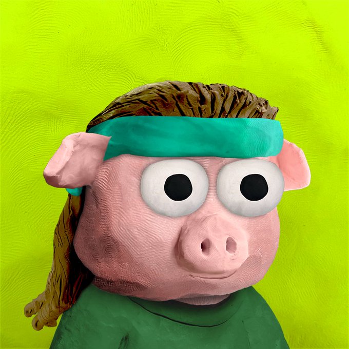 A digitally rendered or sculpted figure of a pink pig wearing a green headband and green shirt, set against a bright lime green background.