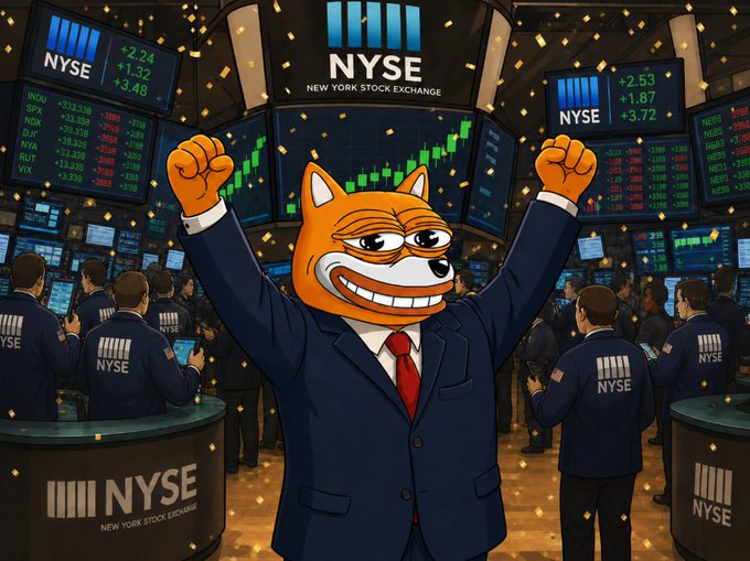 An orange Shiba Inu dog wearing a navy NYSE suit and red tie triumphantly raises both fists on the New York Stock Exchange trading floor, surrounded by traders in NYSE jackets and celebratory gold confetti, with green bullish candlestick charts and positive numbers (+2.24, +1.32, +2.53, +1.87) flashing on the screens behind it. The image perfectly captures the "POV: you survived the bear market" caption by showing jubilant relief as markets turn green after a downturn.