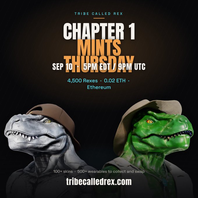 The promotional image announces "Tribe Called Rex Chapter 1 Mints Thursday Sep 10 at 5PM EDT / 9PM UTC" with details of 4,500 Rexes available at 0.02 ETH on Ethereum, featuring two stylized dinosaur characters—one gray and one green, both wearing backwards caps—and noting that 100+ skins and 500+ wearables are available to collect and swap at tribecalledrex.com, aligning with the post's teaser that the mint is nearly here and inviting followers to choose which Rex is theirs.