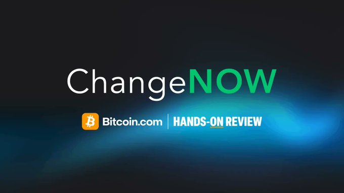 A promotional banner featuring the "ChangeNOW" logo alongside "Bitcoin.com HANDS-ON REVIEW" text on a dark blue background, visually advertising a detailed platform review of the ChangeNOW instant swap service.