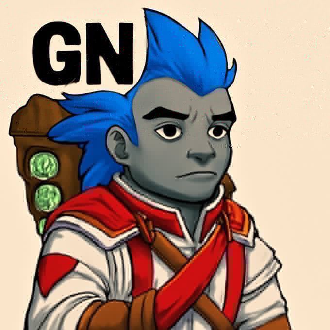 An animated drawing of a character with blue spiky hair and gray skin wearing red and white clothing, labeled 'GN' (Good Night).