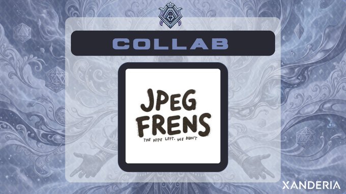 A promotional graphic for an NFT collaboration titled 'JPEG FRENS' with 'THE HYPE LEFT. WE DIDN'T.' tagline, labeled 'COLLAB' by Xanderria.