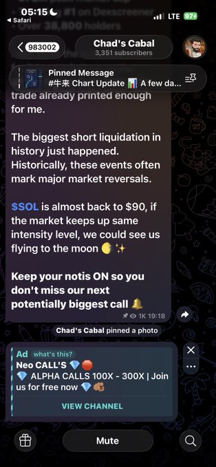 A Telegram post from a channel called 'Chad's Cabal' discusses a major short liquidation in history and predicts $SOL could return to $90, advertising free 'ALPHA CALLS'.
