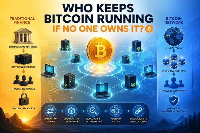 Infographic titled 'WHO KEEPS BITCOIN RUNNING IF NO ONE OWNS IT?' comparing Traditional Finance (Bank/Central Authority → Centralized Records → Trusted Institution → Controlled Access) with the Bitcoin Network (Global Nodes → Verify Transactions → Network Agreement → Open Rules, No Central Control), with a bottom flow showing Transaction Created → Broadcast to the Network → Nodes Verify the Transaction → Added to a Block → Block Added to the Blockchain.