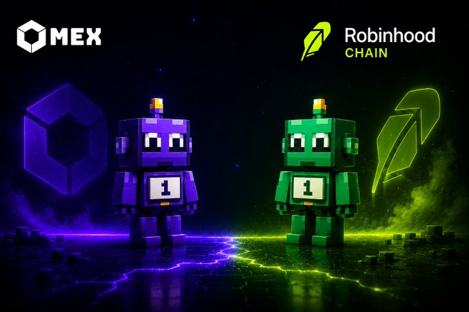 A promotional graphic showing two pixelated robot characters—one purple for MEX and one green for Robinhood Chain—both displaying '1' on their chests against a cosmic background.