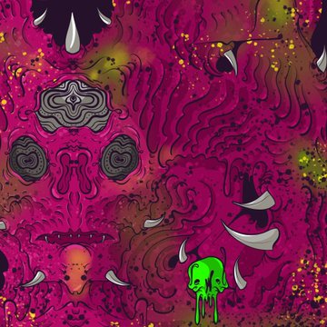 A surreal, psychedelic illustration depicting a swirling pink and crimson cosmic landscape with dark orbs, a dripping green skull, and chaotic organic patterns that evoke the violent, otherworldly storms of Zephyria, mirroring Zephyr the Tempest's description as a primordial entity born from chaos and elemental forces.
