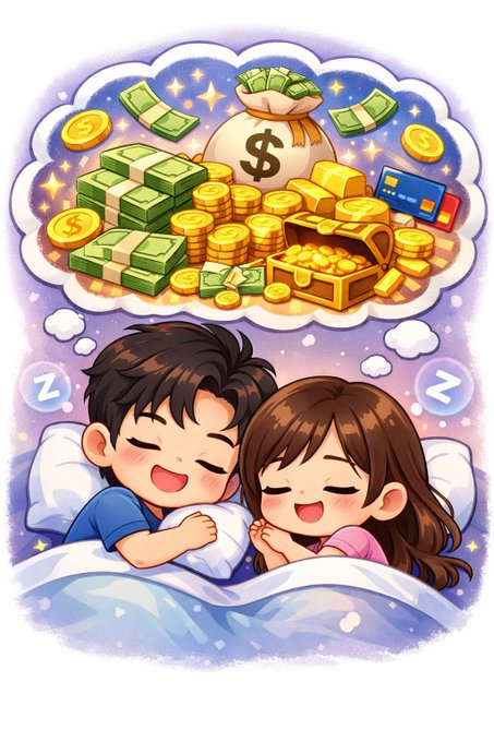 Cute cartoon illustration of a couple sleeping in bed together, both dreaming of money and treasure with a thought bubble full of coins, cash, a treasure chest, and credit cards.