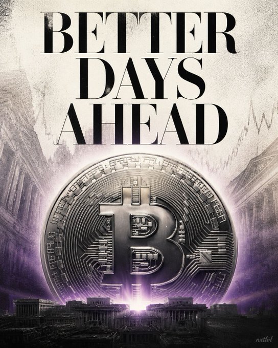 An inspirational graphic titled 'BETTER DAYS AHEAD' featuring a large metallic Bitcoin coin rising over a classical cityscape with stock charts in the background.