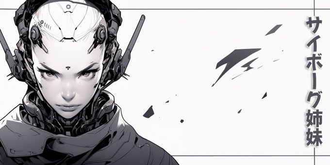 A black-and-white stylized portrait of a cyberpunk cyborg woman with a robotic headpiece, accompanied by Japanese text reading 'サイボーグ姉妹' (Cyborg Sisters).