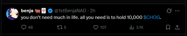 A screenshot of a tweet by user @1stBenjaNAD stating, 'you don't need much in life. all you need is to hold 10,000 $CHOG.', showing 48 replies, 5 reposts, 107 likes, and 3.1K views.