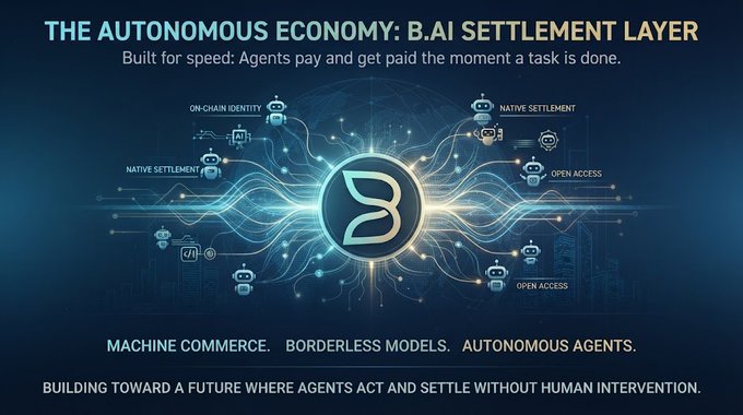 Marketing graphic for 'THE AUTONOMOUS ECONOMY: B.AI SETTLEMENT LAYER' describing a system built for speed where AI agents can transact without human intervention.