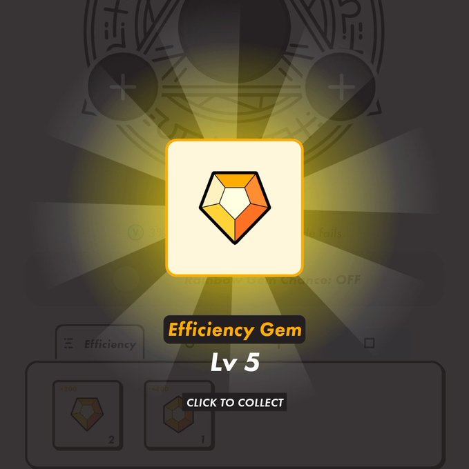 The image features a yellow diamond-shaped icon with an orange center, which appears to be a gemstone or a piece of jewelry. The background of the image is black, making the yellow diamond stand out prominently. Below this image, there's text that reads "Efficiency Gem" and "StepN", possibly indicating the name of the gemstone or the process used to create it. Additionally, there are two buttons in the bottom right corner of the image, which could be used for navigation or interaction with the post.