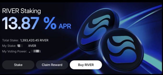 A screenshot of a RIVER Staking platform showing '13.87 % APR', 'Total Stake: 1,393,420.45 RIVER', and buttons for 'Stake', 'Claim Reward', and 'Buy RIVER'.