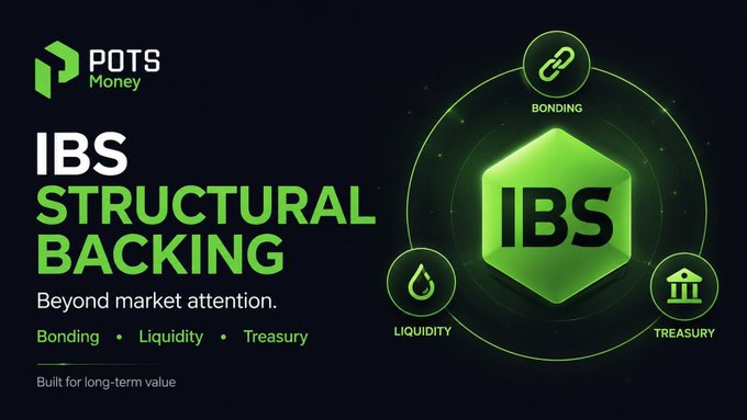 A promotional graphic for "POTS Money" highlighting "IBS Structural Backing" with the tagline "Beyond market attention," featuring a central green hexagonal IBS logo surrounded by icons for Bonding, Liquidity, and Treasury.