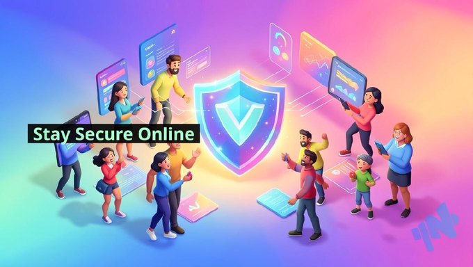 An illustration promoting online safety with the text 'Stay Secure Online,' depicting various people using digital devices around a glowing shield symbol.