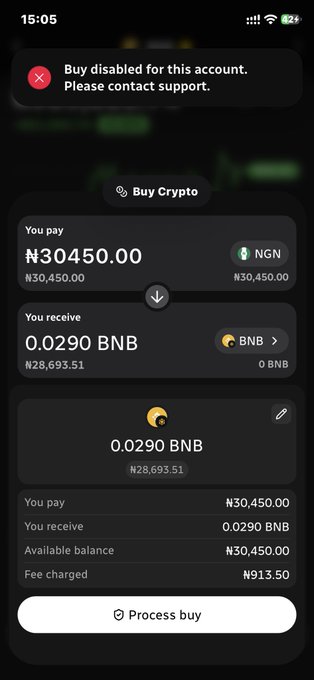 A crypto exchange screenshot showing 'Buy disabled for this account. Please contact support,' with a transaction to buy 0.0290 BNB for ₦30,450.00 NGN.