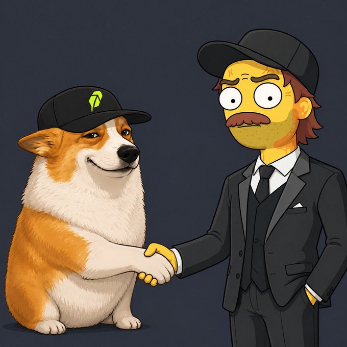 A cartoon Corgi wearing a black cap with a green logo shakes hands with a mustached man in a suit, both dressed professionally to represent a partnership announcement with CashDogs.