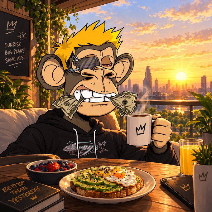 A cartoon ape character with blond hair and sunglasses biting money while holding a coffee mug, sitting at a table with avocado toast, with a chalkboard reading 'SUNRISE BIG PLANS SAME APE' and a book titled 'BETTER THAN YESTERDAY'.