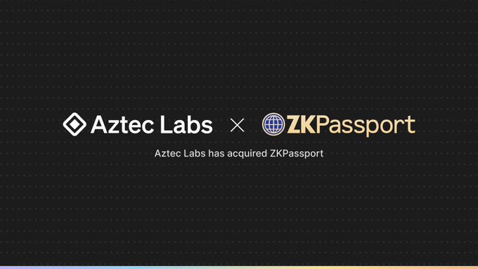 The image features a logo for two companies - Aztec Labs and ZKPassport. The logo displays a black background with white text that reads "AZTEC LABS X AZTEC LABS has acquired ZKPASSPORT". The text also mentions that the companies are joining forces to create a new product, which is a combination of Aztec Labs' expertise in technology and ZKPassport's experience in travel.
