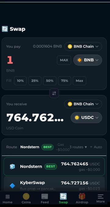 A screenshot of a cryptocurrency swap interface showing a trade of 1 BNB for approximately 764.762 USDC on the BNB Chain, with routing options from Nordstern and KyberSwap.