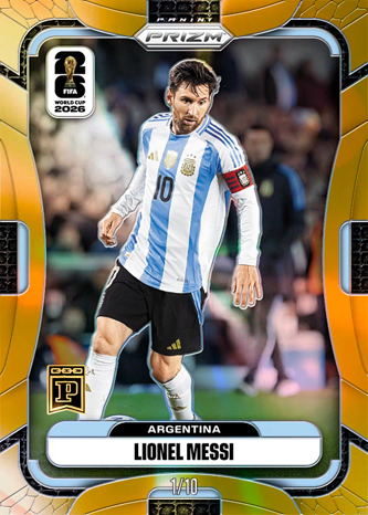 A 2026 Panini Prizm World Cup trading card featuring Lionel Messi (#10) in his Argentina national team kit, labeled 1/10.