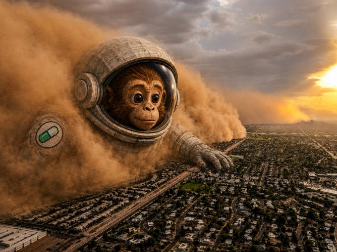 A surreal AI-generated image shows a giant monkey in an astronaut helmet emerging from a massive sandstorm sweeping over a sprawling city.