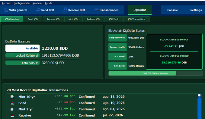 A cryptocurrency dashboard screenshot titled "DigiDolar" in dark green, displaying balances of "3230.00 $DD", a "BLOCKCHAIN $DD SUPPLY" of "62,442.21 $DD", and a list of recent DigiDollar transactions.