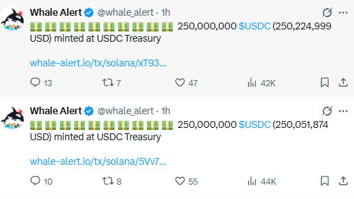 The image shows two Whale Alert tweets reporting the minting of 250,000,000 USDC (totaling approximately $500,000,000) at the USDC Treasury, which aligns with the post announcing that $500M USDC has just been minted.