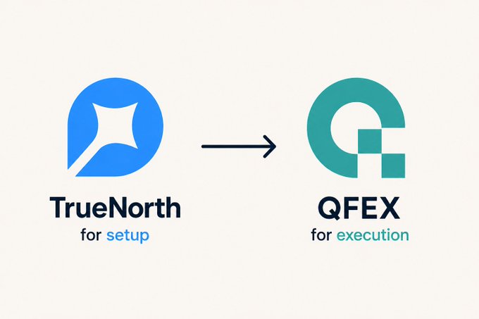 The image shows a workflow diagram with the TrueNorth logo labeled "for setup" on the left, connected by an arrow to the QFEX logo labeled "for execution" on the right. This visual illustrates the two-step process described in the post, where TrueNorth's AI agent provides RWA trading strategy recommendations, and QFEX handles the actual trade execution.