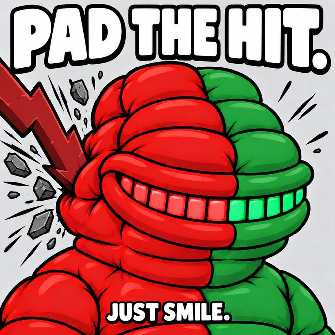 Cartoon-style illustration with bold text reading 'PAD THE HIT.' at the top and 'JUST SMILE.' at the bottom, depicting a red and green figure being struck by a red lightning bolt with rocks flying outward.