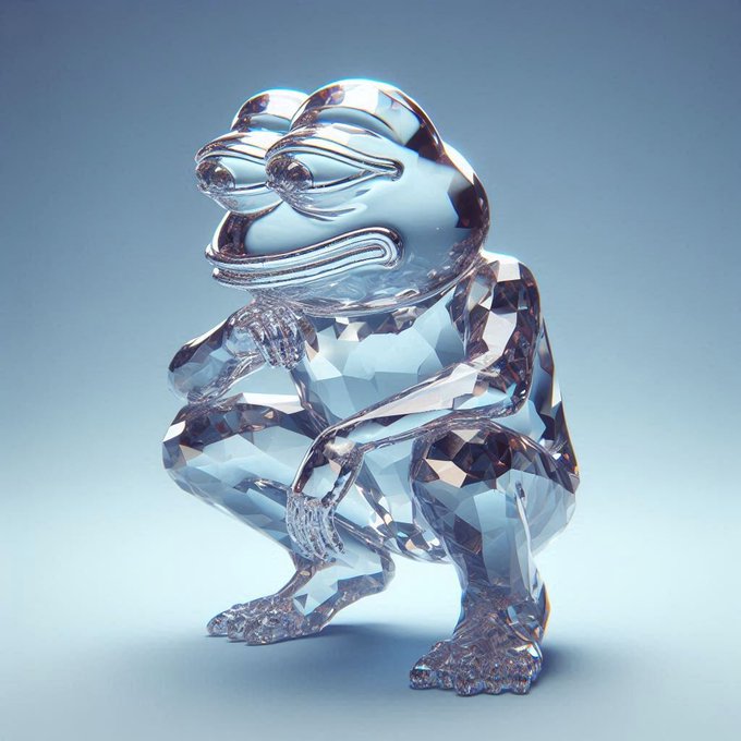 A crystal-cut figurine of Pepe the Frog stands in a confident pose with arms crossed, embodying the "built different" spirit celebrated by $PEPE holders. The transparent, faceted sculpture symbolizes strength and resilience, perfectly matching the post's tribute to the meme coin community.