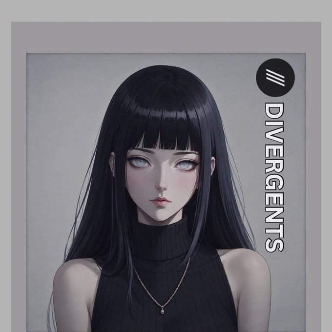 A digital portrait of an anime-style young woman with long black hair, pale eyes, and a black sleeveless top. The text 'DIVERGENTS' is written vertically on the right side next to a menu icon.