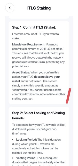 A mobile app screen displaying 'ITLG Staking' instructions, including Step 1: Commit ITLG with a 20 ITLG minimum requirement, and Step 2: Select Locking and Vesting Periods.