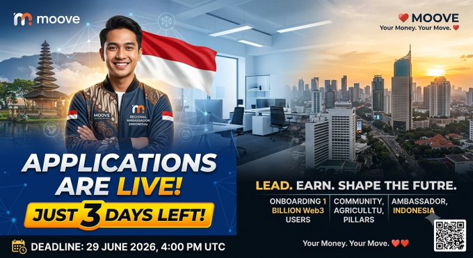 The image is a promotional graphic for Moove ("Your Money. Your Move.") announcing that applications are live with only 3 days left, featuring a smiling young man in branded attire standing before an Indonesian flag, traditional temple, and a city skyline, with details listing pillars like "Onboarding 1 Billion Web3 Users," "Community," "Ambassador Indonesia," and a deadline of 29 June 2026, 4:00 PM UTC. It directly ties to the post by visually emphasizing Moove's Web3 mission and regional empowerment, particularly in Indonesia.