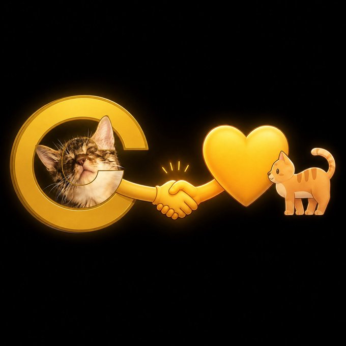 A playful image shows a cat's face inside a golden "C" logo shaking hands with an orange cat next to a golden heart, symbolizing the "Cate Cult" community and love for cats, tied to the meme coin address 8F2TE1sbonZvE8kGqzZ7CUb9KVcfZ9VTtirUsdpNpump.