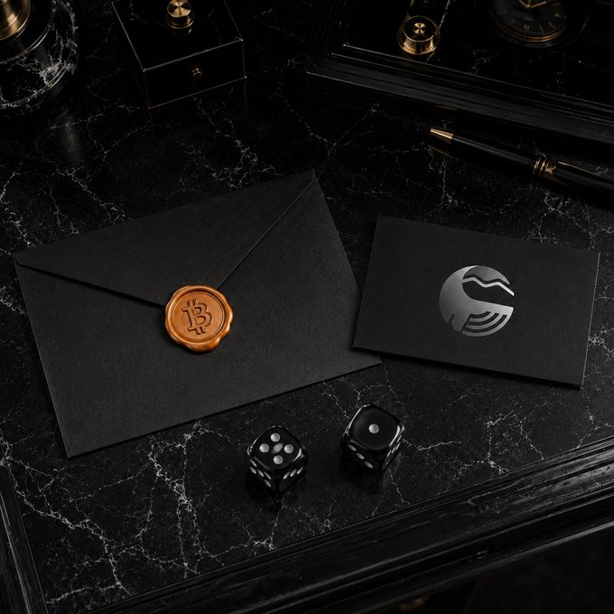 A black envelope sealed with an orange wax stamp featuring a "B" logo sits on a dark marble surface next to a black card with a silver logo, two black dice, and an ornate pen.