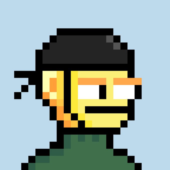 A pixel art portrait of a character with black hair, yellow skin, and orange glasses wearing a green shirt against a light blue background.