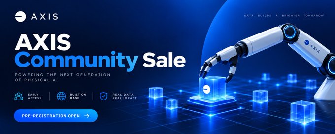 Advertisement for AXIS Community Sale, a platform powering the next generation of physical AI, featuring early access and a 'PRE-REGISTRATION OPEN' call to action.