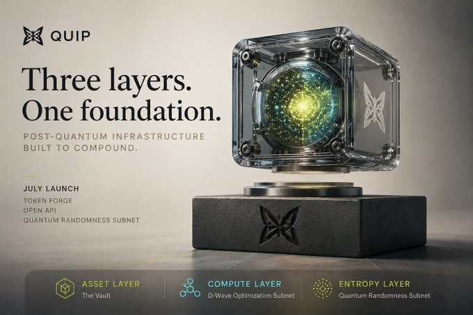 Promotional graphic for QUIP cryptocurrency featuring a glowing sphere in a transparent cube with text 'Three layers. One foundation.' and details about a July launch including Token Forge, Open API, and Quantum Randomness Subnet, plus three layers: Asset Layer (The Vault), Compute Layer (D-Wave Optimization Subnet), and Entropy Layer (Quantum Randomness Subnet).