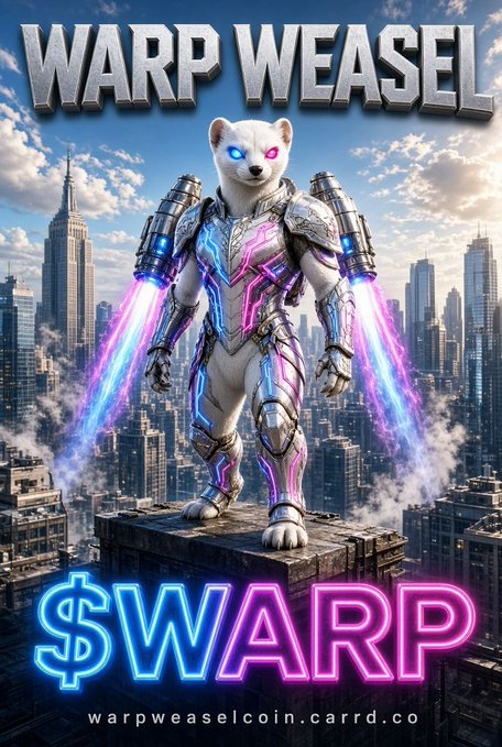 "Warp Weasel" promotional graphic for $WARP meme coin, featuring a cybernetically enhanced white weasel with glowing blue eyes and pink/blue energy thrusters standing atop a skyscraper overlooking a cityscape, paired with the project's ticker "$WARP" and the website "warpweaselcoin.carrd.co" — a bold visual identity for the new Solana meme project launching with its token contract address displayed in the post.